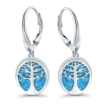 Tree of Life Dangling Leverback Earrings Lab Created Blue Opal 925 Sterling Silver (16mm)